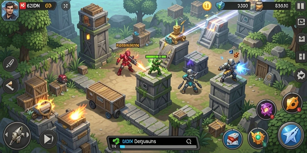 Tangkapan layar gameplay 62IDN dengan menara bertahan melawan gelombang musuh.