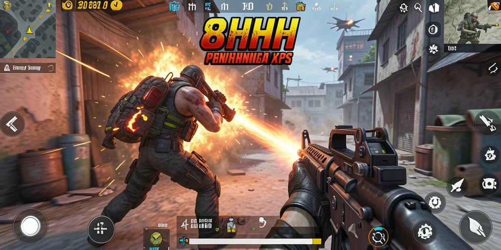 Screenshot permainan 8HHH dengan aksi tembak-menembak yang mendebarkan.