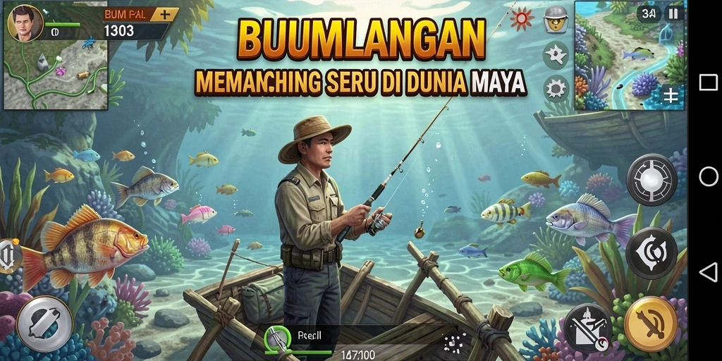 Screenshot gameplay BUMI303 dengan pemandangan memancing yang menakjubkan.