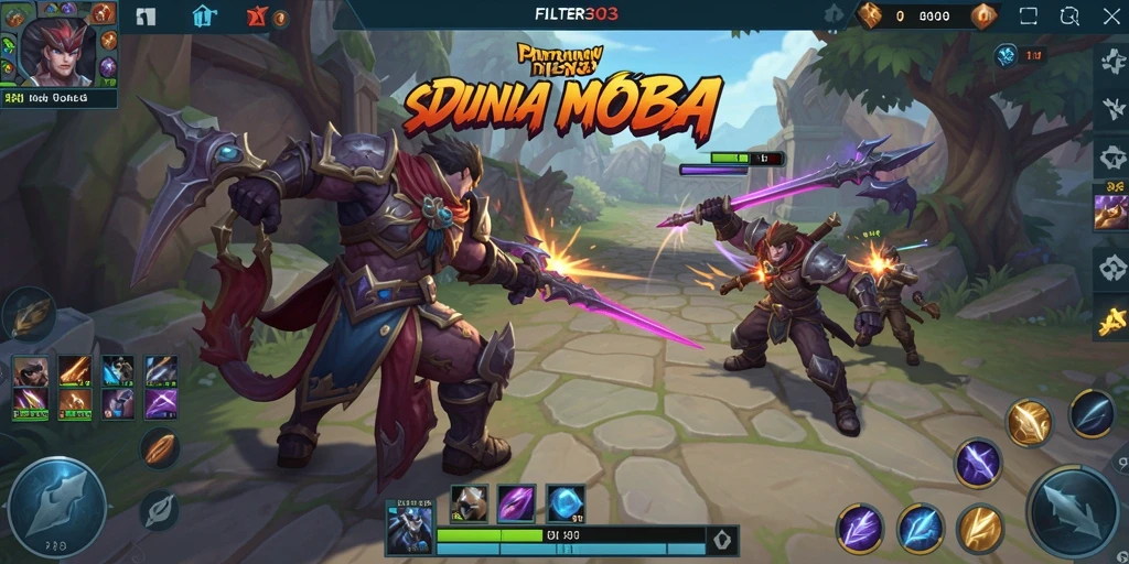 Screenshot utama FILTER303 menunjukkan pertarungan tim yang intens di arena MOBA.