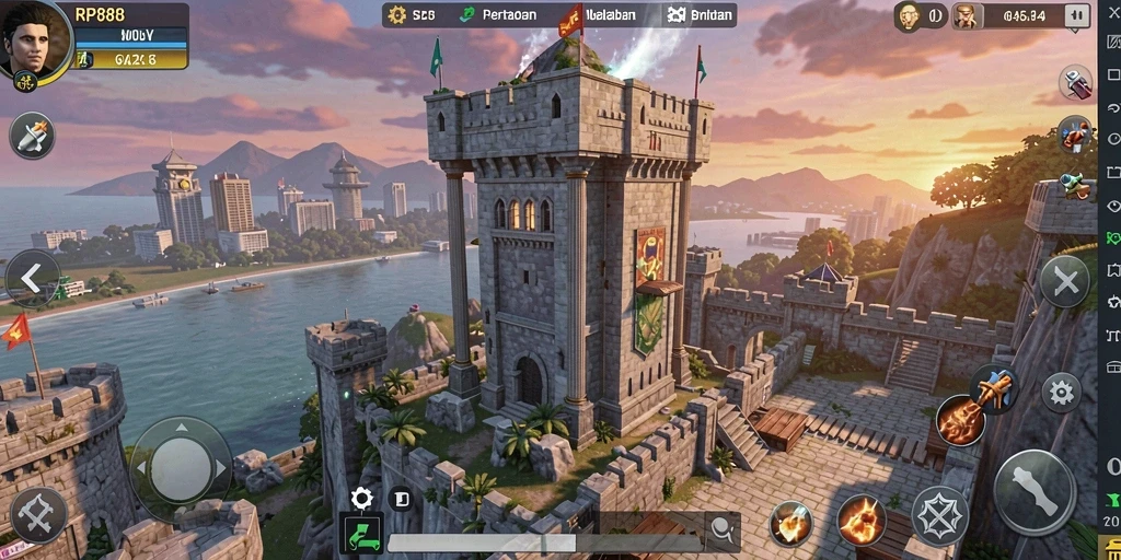 Screenshot gameplay RP888 menunjukkan aksi menara bertahan yang mendebarkan.