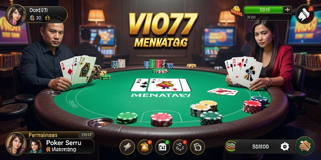 Screenshot permainan VIO77 menampilkan aksi Poker yang intens.
