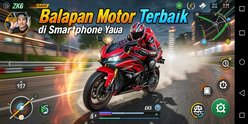 Tampilan gameplay intens ZK6 dalam balapan motor.